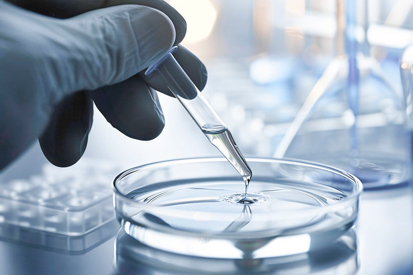 eine Hand hält eine Pipette und träufelt eine durchsichtige Flüssigkeit in eine Laborschale